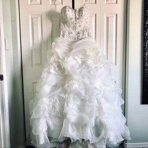Wedding Dress: Strapless, Beaded, Ruffled, Flowers